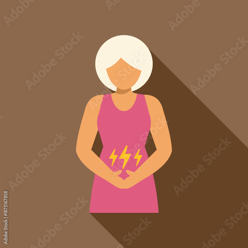 Woman holding hands on her abdomen experiencing pain, indigestion, or menstrual discomfort