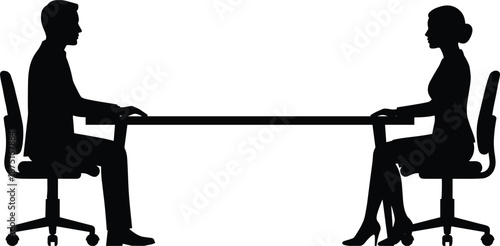 Business meeting silhouette of man and woman sitting across table, professional interview discussion concept, corporate office vector illustration design scene