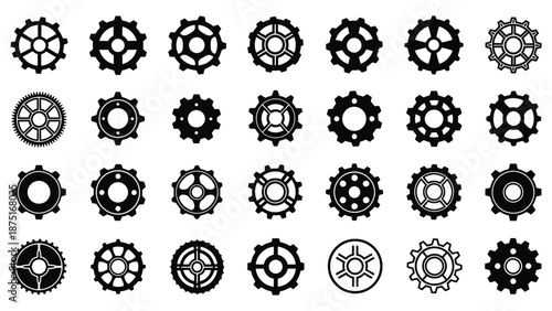Collection of various gear icons in different styles and designs