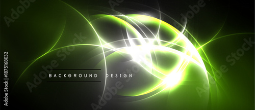 Bright green energy flows, swirling patterns. Dark background emphasizes luminous curves, creating dynamic visual effect. Modern design element.