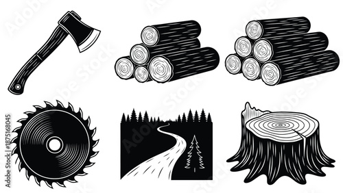 black and white illustration of logging tools and wood