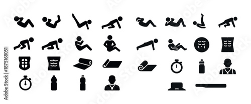 Silhouette icons of fitness exercises and sports equipment
