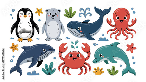 Marine Creature's Friends: An adorable gathering of sea creatures swims and plays, sharing the beauty of the ocean with the world. 