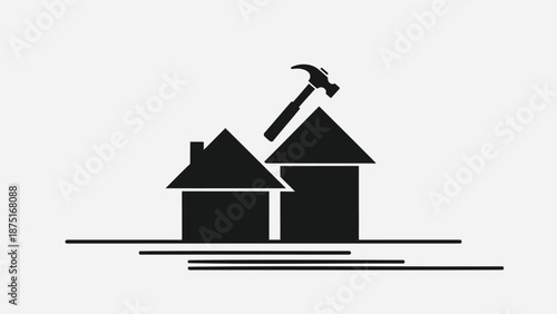 Black silhouette of two houses with a hammer on the roof, symbolizing construction and building, on a white background