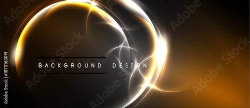 Abstract golden lines form circular shapes. Dark background emphasizes glowing energy, modern design element.