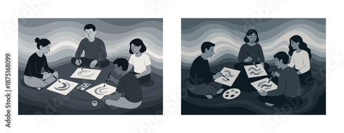 Young asian adults engaging in collaborative art painting indoors