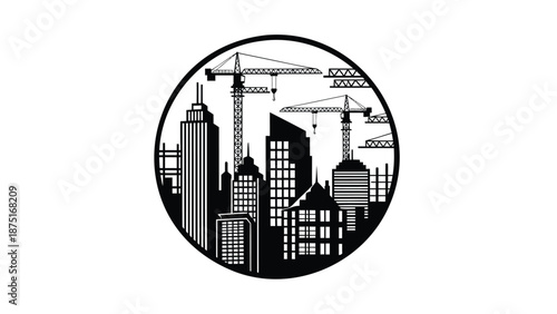 Black and white cityscape with skyscrapers and cranes in a circular frame, urban development concept with modern buildings and construction