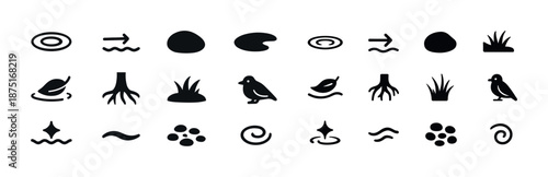 Nature icons set: leaves, birds, water, grass, roots in minimal style