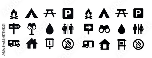 Camping and hiking symbols: campfires, tents, directions, facilities, rvs