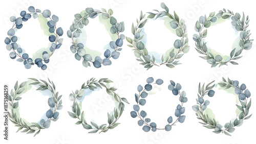 Set of Watercolor floral frame templates. Blue eucalyptus, greenery branches, leaves and abstract washes. Cut out hand drawn PNG illustration on transparent background. Isolated clipart.