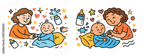 Caring mothers with happy babies at bedtime: joyful, cartoon, parenting, playful, stars