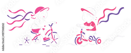 Illustration of two children riding bicycles with streamers on white background