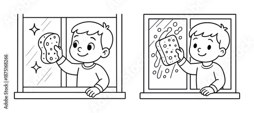 Child cleans windows with sponge - cute cartoon illustration