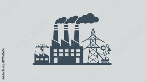 Industrial factory complex with smokestacks, crane, power lines, and truck, emitting smoke and pollution, industrial area with machinery