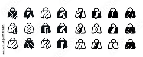 Minimalist black and white icon set of clothing and bags