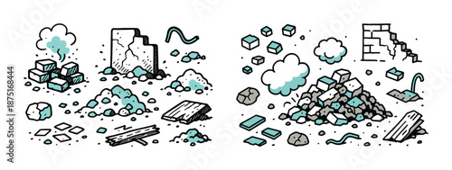 Rubble and debris: broken walls, bricks, and debris piles