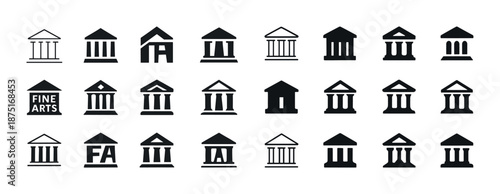 Collection of black government and bank building icons in various styles