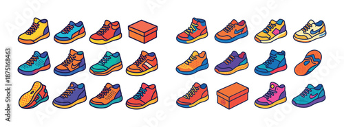 Colorful collection of sneakers and shoe boxes in vibrant styles