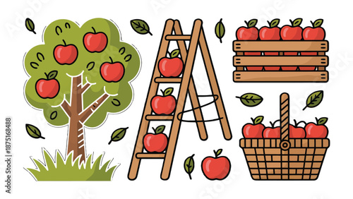 Apple Orchard Harvest: An idyllic illustration showcases the essence of harvest season, featuring a tree laden with ripe apples, a wooden ladder, a crate brimming with the fruit.