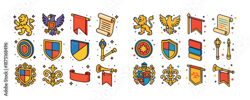 Colorful heraldic symbols collection with lions, eagles, shields, scrolls, and banners