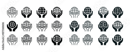 Hands holding globe icons in various styles on white background