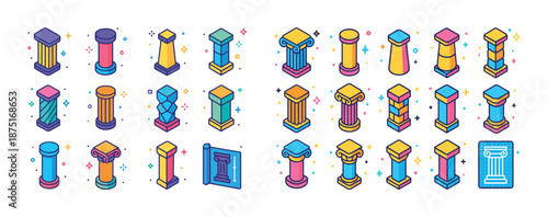 Colorful icon set of diverse geometric columns with decorative patterns