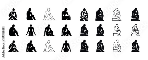 Silhouette variations of sitting human figures in different poses