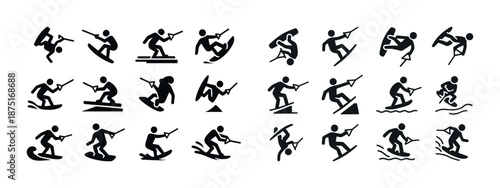 Various kiteboarding and snowboarding silhouettes illustrations