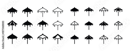 Set of decorative umbrella icons in black and white silhouettes