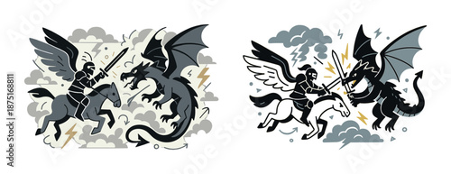 Heroic knight battling fierce dragon amidst thunderous storm