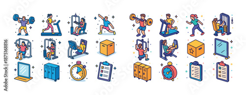 Colorful set of fitness icons featuring diverse workout activities and equipment