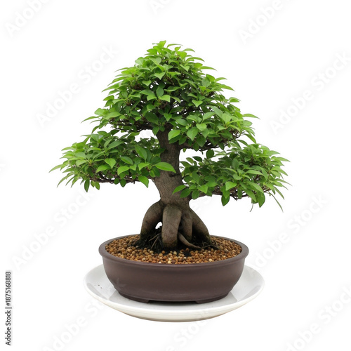 Small green leafy bonsai tree with thick trunk and exposed roots in brown pot isolated on a transparent background