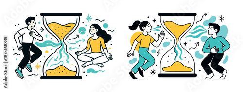 Dynamic cartoon illustration of people navigating hourglass time concept