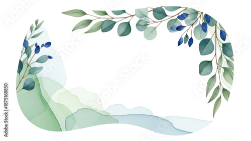 Set of Watercolor floral frame templates. Blue eucalyptus, greenery branches, leaves and abstract washes. Cut out hand drawn PNG illustration on transparent background. Isolated clipart.