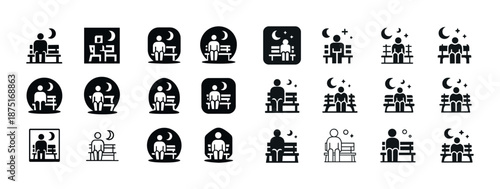 Minimalist icons of people sitting on benches at night with moon and stars