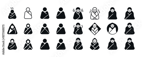 Diverse monochrome icon set of wrapped individuals in various styles and emotions