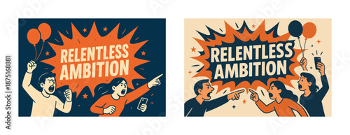 Relentless ambition: energetic cartoon characters expressing determination with bold actions and emotions