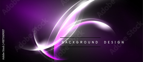 Abstract purple neon lines create dynamic background. Bright curves suggest movement, energy, modern aesthetic. Dark space enhances luminosity.