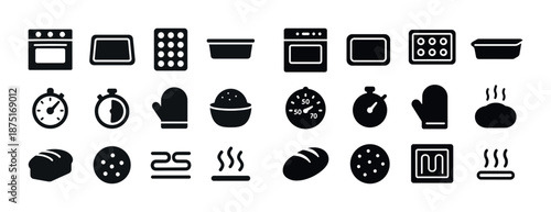 Baking icons collection: ovens, trays, timers, mitts, bread, cookies