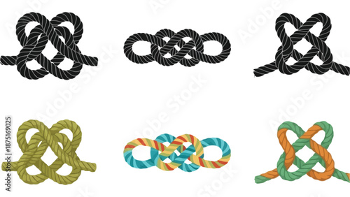 A collection of colorful ropes with various knots on a white background