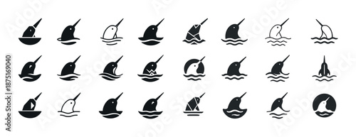 Collection of diverse narwhal icons in various styles and expressions