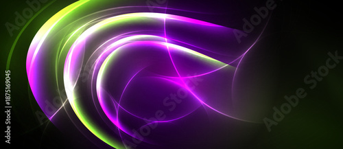 Abstract energy flows, vibrant purple, green hues. Dynamic curves create luminous patterns against dark background. Modern design element.