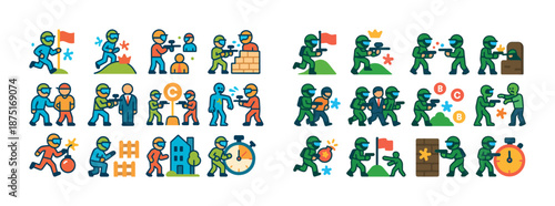 Colorful cartoon soldiers engaged in tactical battle scenarios and strategy icons