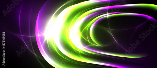 Abstract swirls, vibrant colors, luminous lines create dynamic energy. Purple, green, white blend against black background.