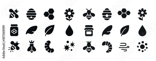 Set of honeybee and nature icons: bees, flowers, honey, leaves, water drops