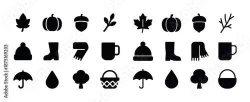 Autumn icons collection: leaf, pumpkin, acorn, mug, umbrella, hat, boots
