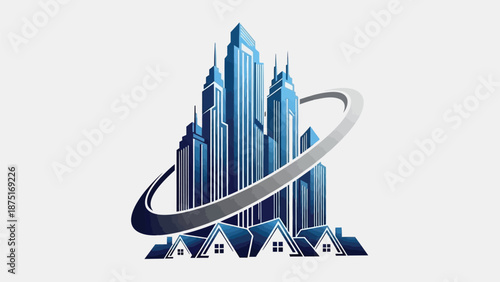 Futuristic city skyline with sleek skyscrapers and suburban homes under a metallic ring on a clean white background, representing urban