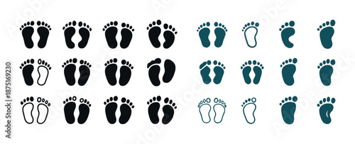 Variety of footprint silhouettes and outlines in black and blue