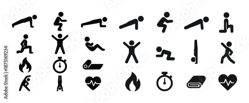 Set of exercise icons: fitness, yoga, cardio, strength, health