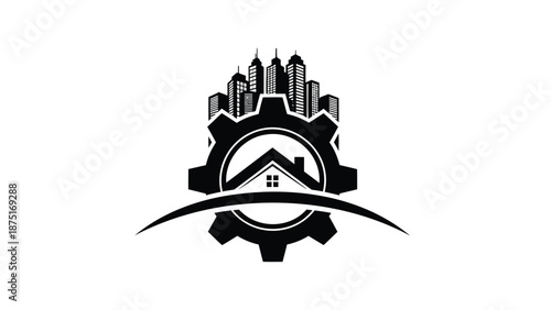 Black and white cityscape gear icon with house and skyscrapers, industrial and urban development concept with mechanical elements